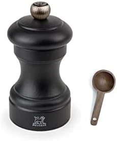 Peugeot Bistro 4 Inch Salt Mill Gift Set, Black Matte - With Wooden Spice Scoop