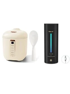 Mini Rice Cooker 2-Cups Uncooked, 1.2L Portable Non-Stick Small Travel Rice Cooker, Beige & CHACEEF Travel Electric Kettle, 350ml Small Portable Kettle With 304 Stainless Steel, Black