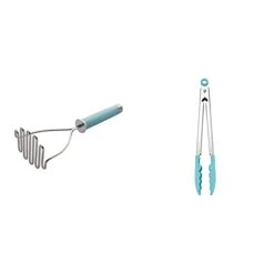 KitchenAid Gourmet Stainless Steel Wire Masher, 10.24-Inch, Aqua Sky & Silicone Tipped Stainless Steel Tongs, 10.26 Inch, Aqua Sky