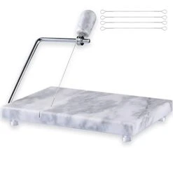 Cheese Slicer, Cheese Cutter Heavy Duty 5" X 8", Polished Marble Cheese Slicer Board For Cut Block Cheeses, Butter, Meats, Other Appetizers (White Grey)