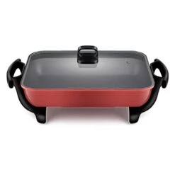 Family Size Rapid Heat Electric Skillet, Electric Ceramic Titanium Skillet, Easy To Clean, Non-stick Electric Skillet With Glass Vented Lid, Red