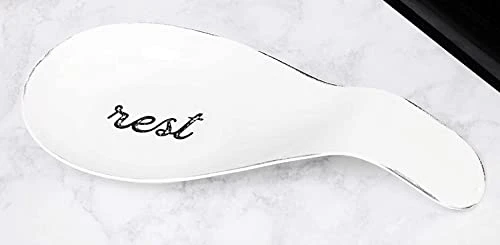 Farmhouse White Spoon Rest, Distressed Enamel Ceramic Spoon Holder In Rustic Style 5 Farmhouse White Spoon Rest, Distressed Enamel Ceramic Spoon Holder In Rustic Style - Image 3