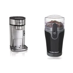 Hamilton Beach Fresh Grind 4.5oz Electric Coffee Grinder For Beans, Spices And More, Stainless Steel & Hamilton Beach Scoop Single Serve Coffee Maker, Fast Brewing, Stainless Steel (49981A)
