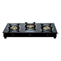 Ilton Premium 3 Burner Glass Top (Black) Gas Stove With MS Frame & Brass Burners (ISI Certified)