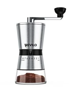 Manual Coffee Grinder Stainless Steel Burr Handheld Precision Mill 8 Adjustable Coarseness Settings Beechwood Knob 60 Grams Capacity Glass Jar Portable For Office Travel Camping.