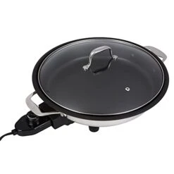 Electric Skillet By Cucina Pro - 18/10 Stainless Steel, Frying Pan With Non Stick Interior, With Glass Lid, 12" Round, Temperature Control Probe For Adjustable Heat Settings -KitchenAid Shop 31KOCLEyqyL