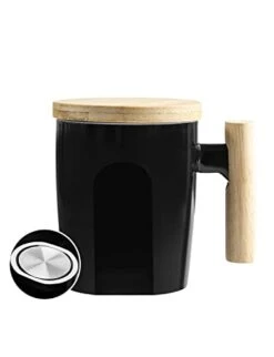 Flat Bottom Mug With Wood Lid, Ceramic Tea Cup For Coffee Warmer, Flat Bottomed, Wooden Handle, 14oz