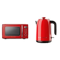 GLCMKZ09RDR09 Retro Countertop Microwave Oven With Auto Cook & Reheat, Defrost, 0.9 Cu Ft, Red & Retro Electric Kettle With Heat Resistant Handle And Cordless Pour, 1.7 L, Red