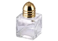 Mini Salt & Peppper Shakers Shaker, Cube Shape, Polished Gold Top, Glass Body - 1 Dozen