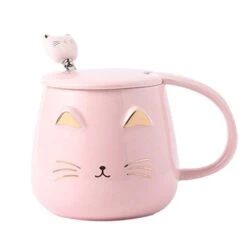 Pink Cat Mug, Cute Kitty Ceramic Coffee Mug With Stainless Steel Spoon, Novelty Coffee Mug Cup For Cat Lovers Women Girls