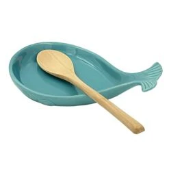 Eramic Spoon Rest For Kitchen With Wooden Spoon, Whale Shape, 4.8W X 7.8L