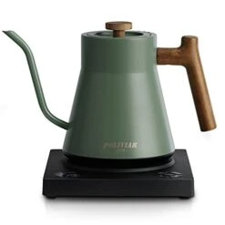 Electric Gooseneck Kettle, 1200W Electric Tea Kettle Real Wood Handle, 34oz Pour Over Electric Kettle For Coffee & Tea, 18/8 Stainless Steel Inner, Temperature Control & Rapid Heating