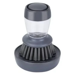 Dish Brush With Soap Dispenser, Kitchen Scrub Brush For Dishes Pots Pans Sink Cleaning, Dish Scrubber With Holder Set (Grey Handle & Nylon Bristles)
