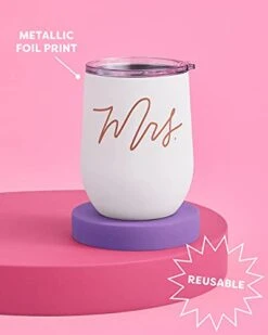 Mrs Wine Tumbler Gift | Pink + White 12oz Matte Stainless Steel, Bachelorette Party Decorations Cups + Bride Stemless Bridal Shower, Engagement -KitchenAid Shop 31edS0XfbZS