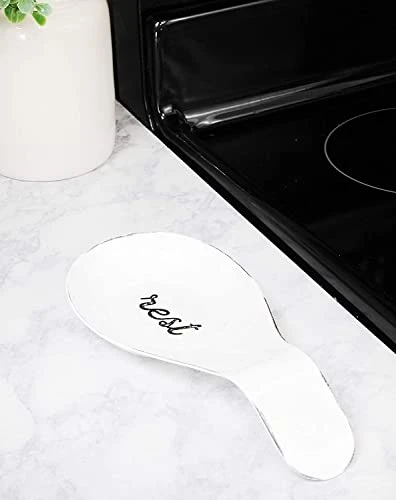 Farmhouse White Spoon Rest, Distressed Enamel Ceramic Spoon Holder In Rustic Style 4 Farmhouse White Spoon Rest, Distressed Enamel Ceramic Spoon Holder In Rustic Style - Image 2