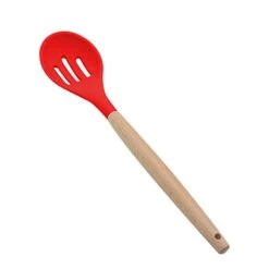 Silicone Slotted Serving Spoon, Wooden Handle Nonstick Mixing Spoon, Heat Resistant Up To 480°F. Silicone Kitchen Cooking Utensils Non-Stick Tool For Draining & Serving (Red)