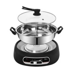 5 Quart 2 Way Divided Hot Pot, Powerful 1600W Rapid Heating Element, Adjustable Temperature Control With Sliding Knob, Durable Stainless Steel Pot, Glass Lid With Angled Safety Lift Handle