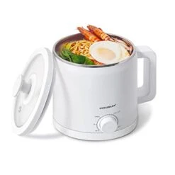 MOOSUM Mini Electric Hot Pot, Fast Cooker For Ramen/Soup, Stainless Steel With Over-heating Protection, Perfect For Student & Single, 1.5L