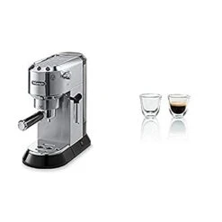 Delonghi EC680M DEDICA 15-Bar Pump Espresso Machine, Stainless Steel & DeLonghi Double Walled Thermo Espresso Glasses, Set Of 2