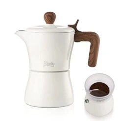 Stovetop Espresso Maker Moka Pot 3 Espresso Cup, Cuban Coffee Maker Stove Top Coffee Maker With Dosing Ring Dispenser, Moka Italian Espresso Coffee Maker（White）