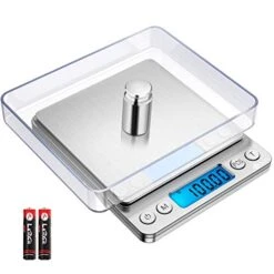 (New) AMIR Digital Kitchen Scale, 500g/ 0.01g Mini Pocket Jewelry Scale, 100g Calibration Weight, Cooking Food Scale, Back-Lit LCD Display, 2 Trays, 6 Units, Auto Off, Tare, PCS, Stainless Steel