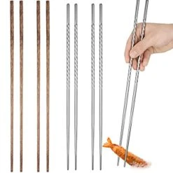 4 Pairs Long Cooking Chopsticks 15.3 Inch Extra Long Stainless Steel Chopsticks With Non Slip Threaded And 16.5 Inch Wooden Noodles Kitchen Cooking Frying Chopsticks (Silver, Wood Color)