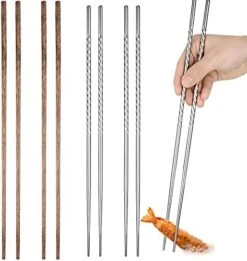 4 Pairs Long Cooking Chopsticks 15.3 Inch Extra Long Stainless Steel Chopsticks With Non Slip Threaded And 16.5 Inch Wooden Noodles Kitchen Cooking Frying Chopsticks (Silver, Wood Color) -KitchenAid Shop 410Eh8kXXMS. AC