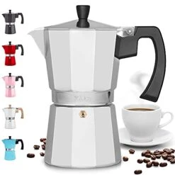 Classic Italian Style 8 Espresso Cup Moka Pot, Classic Stovetop Espresso Maker For Great Flavored Strong Espresso, Makes Delicious Coffee, Easy To Operate & Quick Cleanup Pot (Silver)