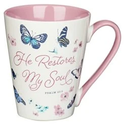 Omforting Butterfly Ceramic Scripture Coffee And Tea Mug For Women: He Restores My Soul - Psalm 23:3 Bible Verse, Dishwasher/Microwave Safe, Pink And White Floral, 14 Oz.