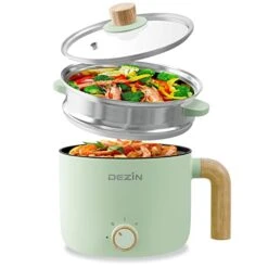 Ezin Electric Hot Pot With Steamer, 1.5L Non-stick Ramen Cooker, 2 In 1 Shabu Shabu Hot Pot, Multifunctional Cooker With Overheating Protection For Stew, Noodles, Green (Egg Rack Included)
