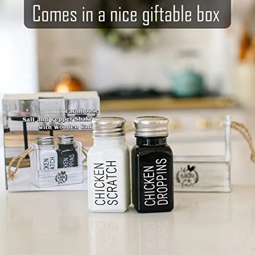 Farmhouse Salt And Pepper Shakers Set W/ Whitewash Caddy - Glass Black White Cute Kitchen Decor For Home 6 Farmhouse Salt And Pepper Shakers Set W/ Whitewash Caddy - Glass Black White Cute Kitchen Decor For Home - Image 4