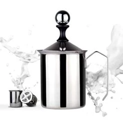 Manual Milk Frother Creamer Hand Pump Frother Cappuccino Latte Coffee Foam Pitcher With Handle, Lid, Stainless Steel, 17-Ounce Capacity (500ml)
