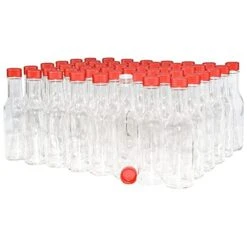(Pack Of 48) 5 Oz. Clear Glass Hot Sauce Bottle (Woozy) With Red Unlined Cap And Orifice Reducer
