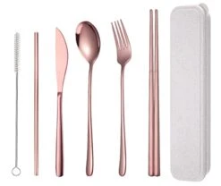 6 Pieces 18/8 Stainless Steel Flatware Set Portable Reusable Cutlery Set Travel Utensils Set Including Chopsticks Knife Fork Spoon Straws Cleaning Brush Dishwasher Safe (Rose Gold)