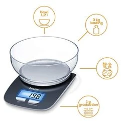 Beurer KS25 Digital Kitchen Scale | With 1.2l Weighing Bowl | Tare Weighing Function | Adjustable Between Kg, G, Lb, Oz | 3kg Weight Capacity