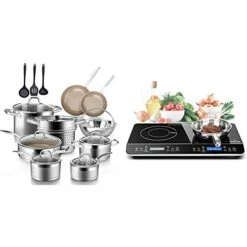 Duxtop 17PC Professional Stainless Steel Induction Cookware Set & LCD Portable Double Induction Cooktop 1800W Digital Electric Countertop Burner Sensor Touch Stove, 9620LS/BT-350DZ