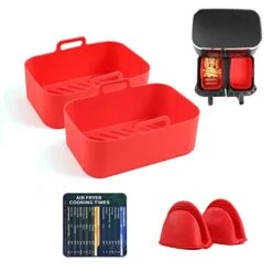 Cicano Air Fryer Silicone Pot For Ninja Dual Air Fryers, 5Pcs Set Reusable Liner Heat Resistance Silicon Bowls For Dual Basket Air Fryer, Microwave Red