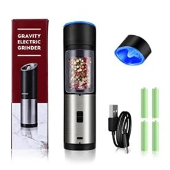 Lectric Rechargeable Salt Pepper Grinder, SOVIDER Refillable Gravity Pepper Shakers With 2400mAh, 7 Level Adjustable Coarseness One Hand Pepper Salt Mill, 3.35oz, AAA Rechargeable Batteries*4