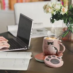 Cat Coffee Mug Warmer ,Smart Coffee Mug Warmer,Cute Cat Paw Mug Set,Novelty Coffee Mugs Mug Warmer For Desk Auto Shut Off Coffee Warmer Plate For Coffee,Tea,Water,Milk, Birthday Gift Box Pink