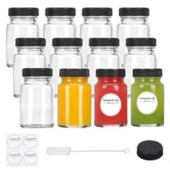12pcs 2oz Small Clear Glass Bottles With Lids For Liquids, Wide Mouth Short Jars With Caps Mini Glass Juice Bottles For Potion, Ginger Shots, Oils, With Waterproof Stickers And Brush