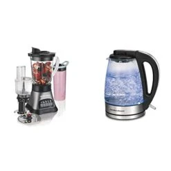 Hamilton Beach Der And Food Processor Combo, Grey & Black (58163) & 40864 Electric Tea Kettle, Water Boiler & Heater, Cordless, 1.7 L, Clear Glass