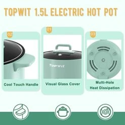 Wit Electric Hot Pot, 1.5L Non-stick Ramen Cooker, Multi-Function Electric Pot For Pasta, Noodles, Steak, Egg, Electric Cooker With Dual Power Control, Over-Heating And Boil Dry Protection, Green -KitchenAid Shop 415XYSJDL6L