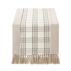 15 X 72 Inch Buffalo Checks Linen Table Runner With Handmade Fringed, Rustic Farmhouse Style Wide Table Runners 72 Inches Long For Dining Room, Dresser - Beige Plaid