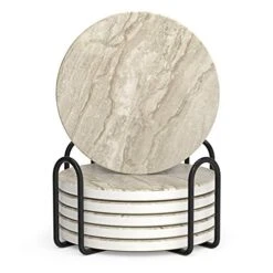 Coasters For Coffee Table, Coasters For Drinks Absorbent, Drink Coasters, Housewarming Gift, Home Decor, Set Of 6, Farmhouse Coaster Set With Holder, 4 Inches, Sandstone Style