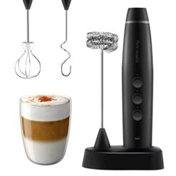 Milk Frother Handheld For Coffee Lattes Electric Foam Maker With 3 Whisks 3 Speed Rechargeable Drink Mixer Beater For Bulletproof Coffee Cappuccino Frappe Matcha (Black3.0)