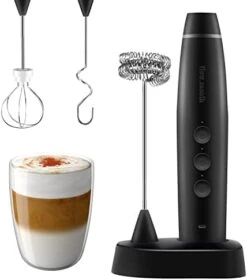 Milk Frother Handheld For Coffee Lattes Electric Foam Maker With 3 Whisks 3 Speed Rechargeable Drink Mixer Beater For Bulletproof Coffee Cappuccino Frappe Matcha (Black3.0) -KitchenAid Shop 416U3HIGqDL. AC
