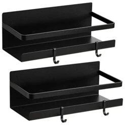 Bekith 2 Pack Magnetic Spice Rack With 4 Removable Hooks, Fridge Organizer Shelf, Single Tier Refrigerator Storage Shelf For Holding Spices, Jars, Bottle, Beverage, Black