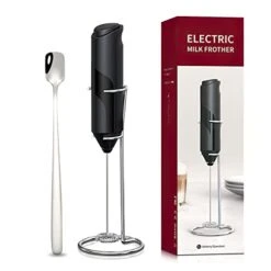 Milk Frother Handheld With Stand, Whisk Drink Mixer For Coffee, Mini Foamer For Cappuccino, Frappe, Matcha, Hot Chocolate (Black)