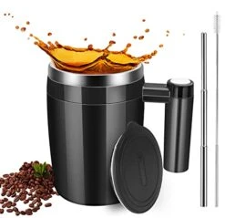 Self Stirring Coffee Mug, Automatic Stainless Steel Magnetic Stirring Coffee Mug With 2Pc Stir Bar,13oz Automatic Mixing Cup For Milk/Coffee, Double Wall Insulation Tumbler For Outdoor,Home, Black