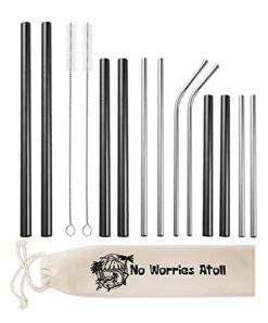 Reusable Metal Stainless Steel Straw Set Of 12 Short 6” Cocktail 8.5” Smoothie And 10.5” Tumbler Drinking Straws Black And Silver Home Bar Backyard Essentials